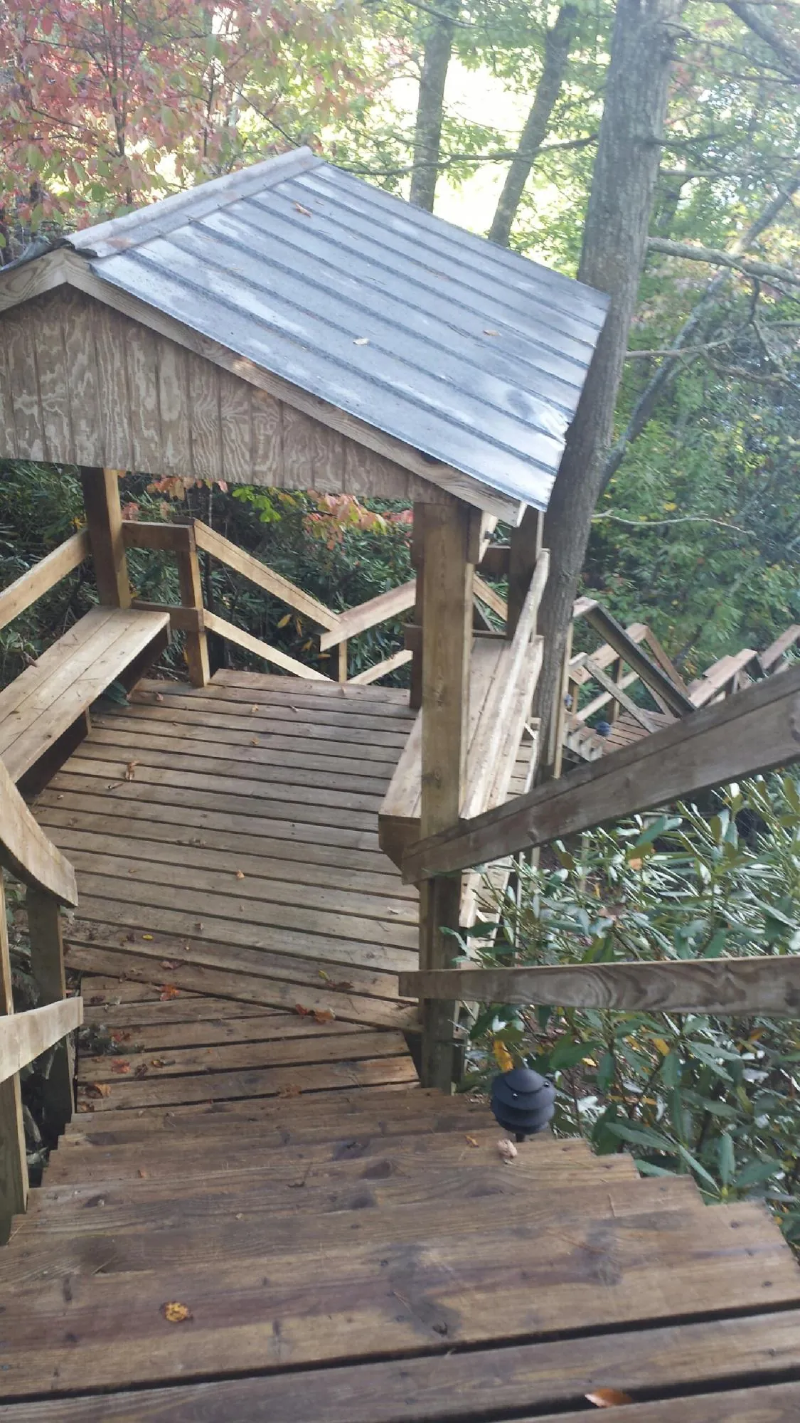 Metal roofed shelter over wooden steps on a wooded walkway — Skylight Repair & Installation work by our crew in Concord